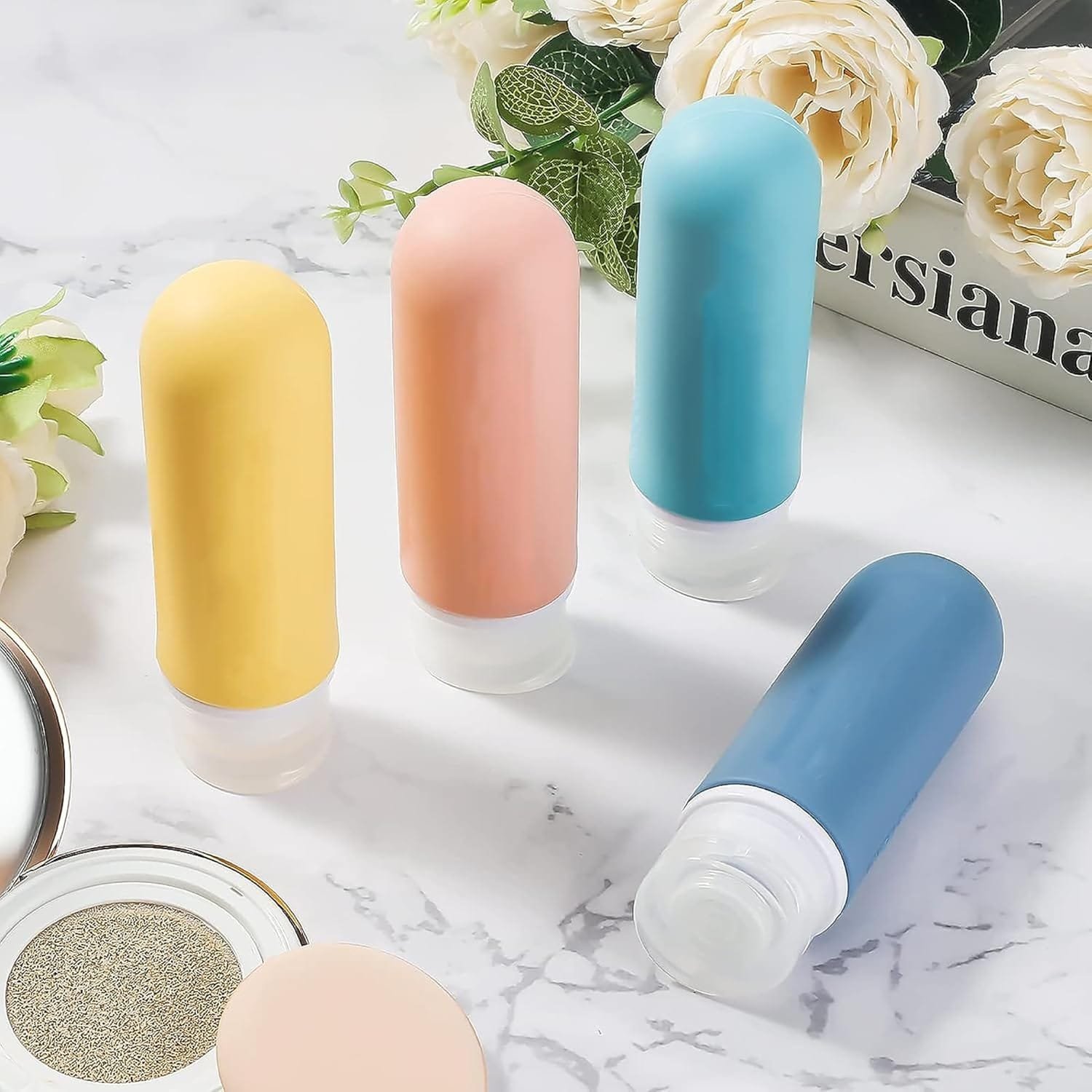 BRLYYO Botellas de silicona de viaje para artículos de aseo aprobados por la TSA Juego de envases de viaje de 4 unidades Champú, acondicionador de cabello, loción corporal, recargables - Imagen 4