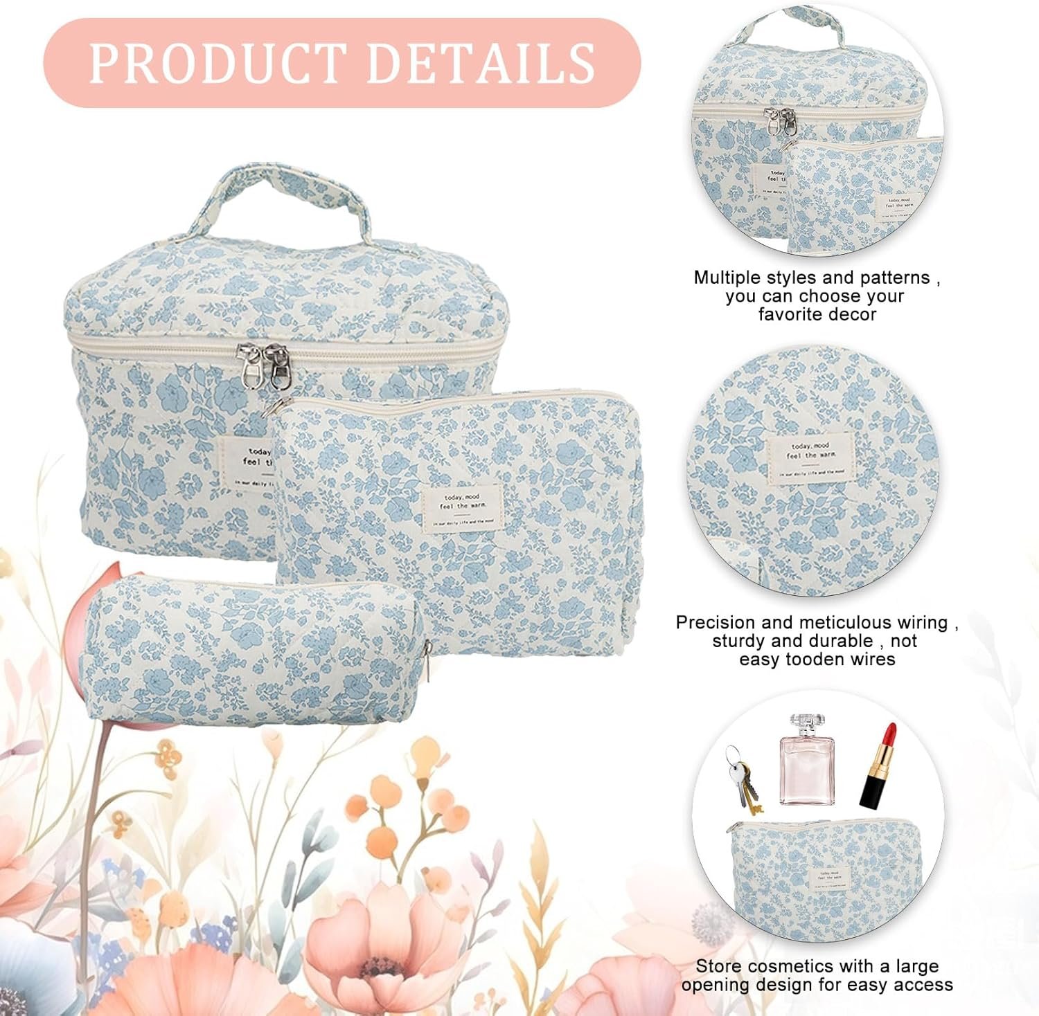 Yallmie Neceser de viaje de 3 piezas, bolsa de aseo floral, bolsa de maquillaje floral, bolsa de viaje para artículos de tocador, bolsas de aseo estéticas para mujeres, bolsas de viaje para artículos - Imagen 3