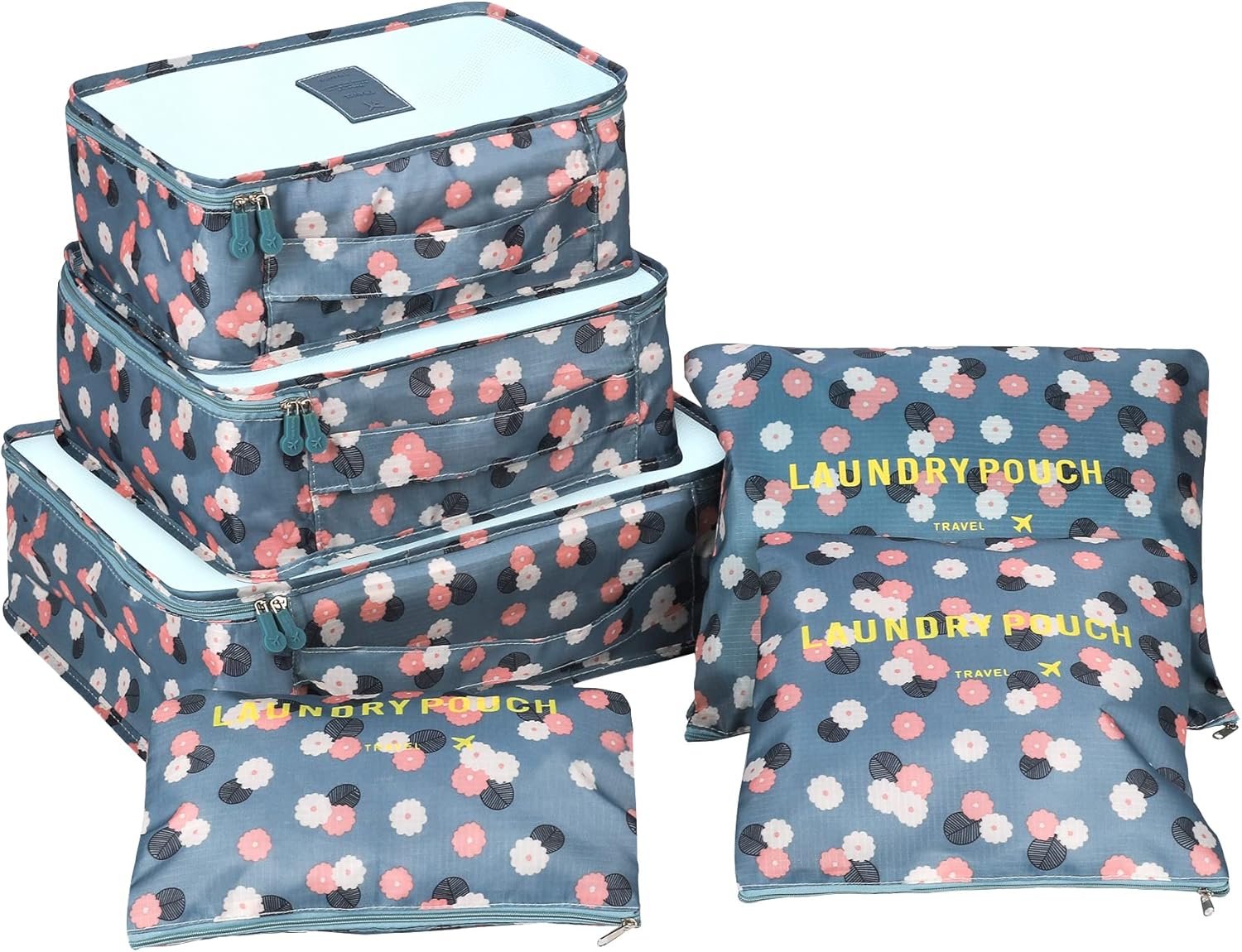 Organizador Maleta Packing Cubes, Coolzon Organizador Equipaje de Viaje Impermeable Cubos Embalaje Bolsa de Zapato, 6 Set, Flores Azules