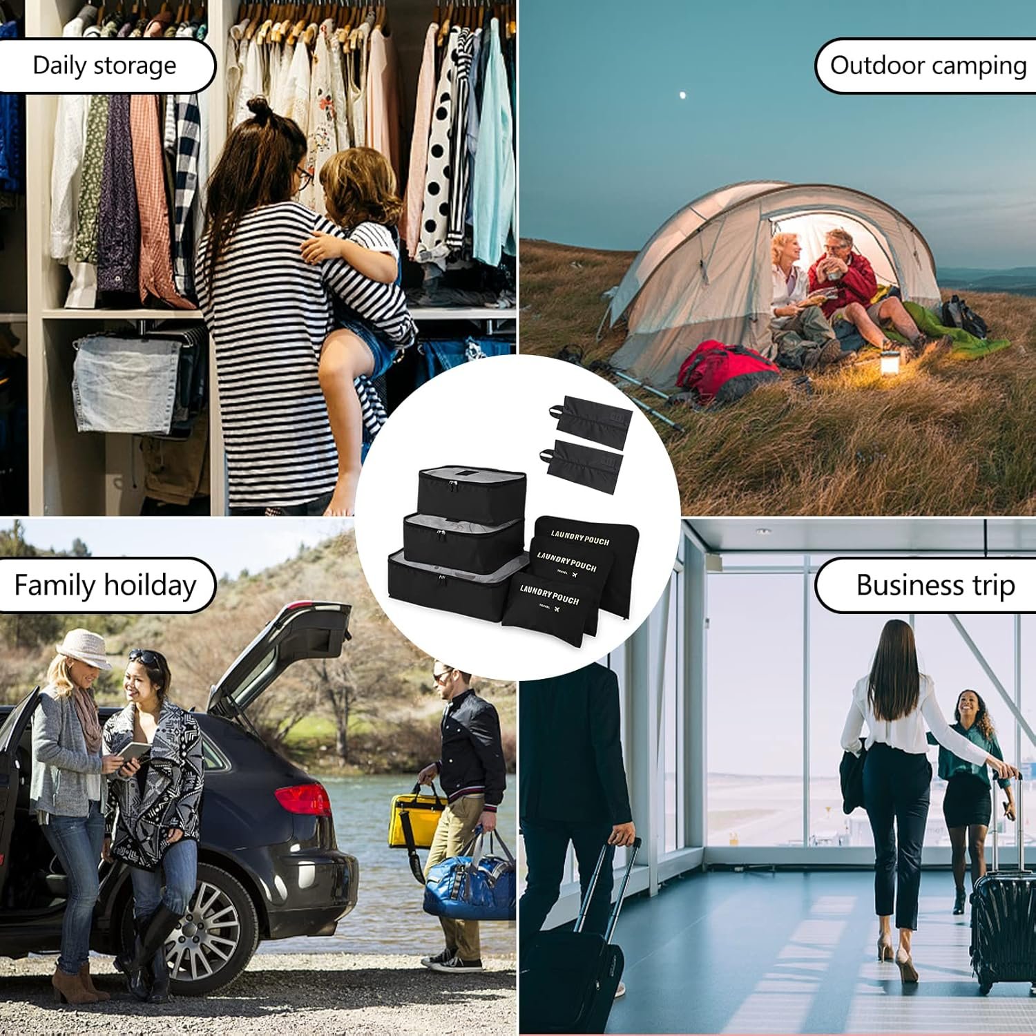 Newaner 8 en 1 bolsas organizadoras maleta, Organizador de Equipaje Para Ropa multifunción Impermeable, Bolsa de viajes packing cubes for travel para zapatos, Ropa interior, Cosméticos, Negro - Imagen 7