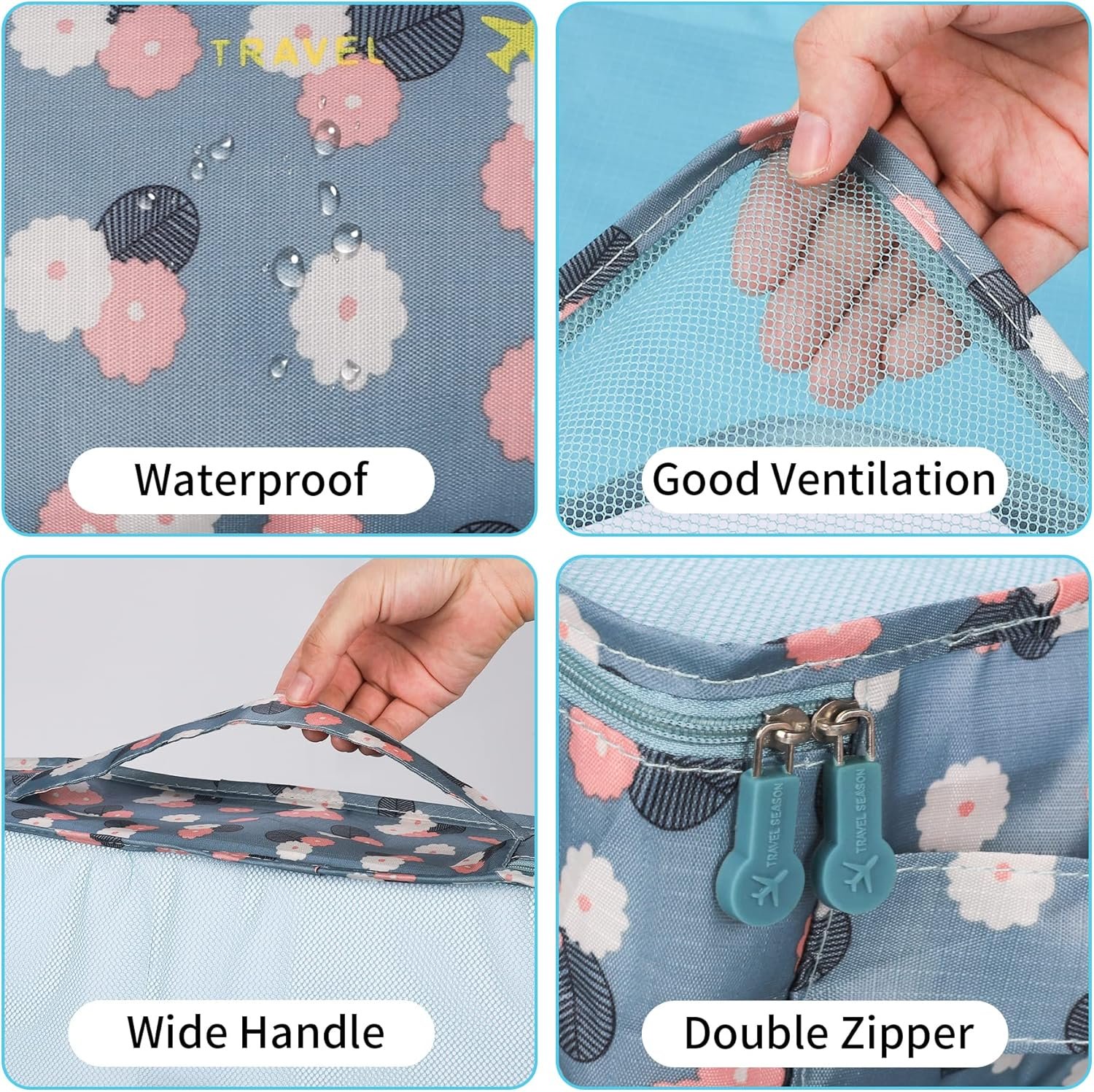 Organizador Maleta Packing Cubes, Coolzon Organizador Equipaje de Viaje Impermeable Cubos Embalaje Bolsa de Zapato, 6 Set, Flores Azules - Imagen 4