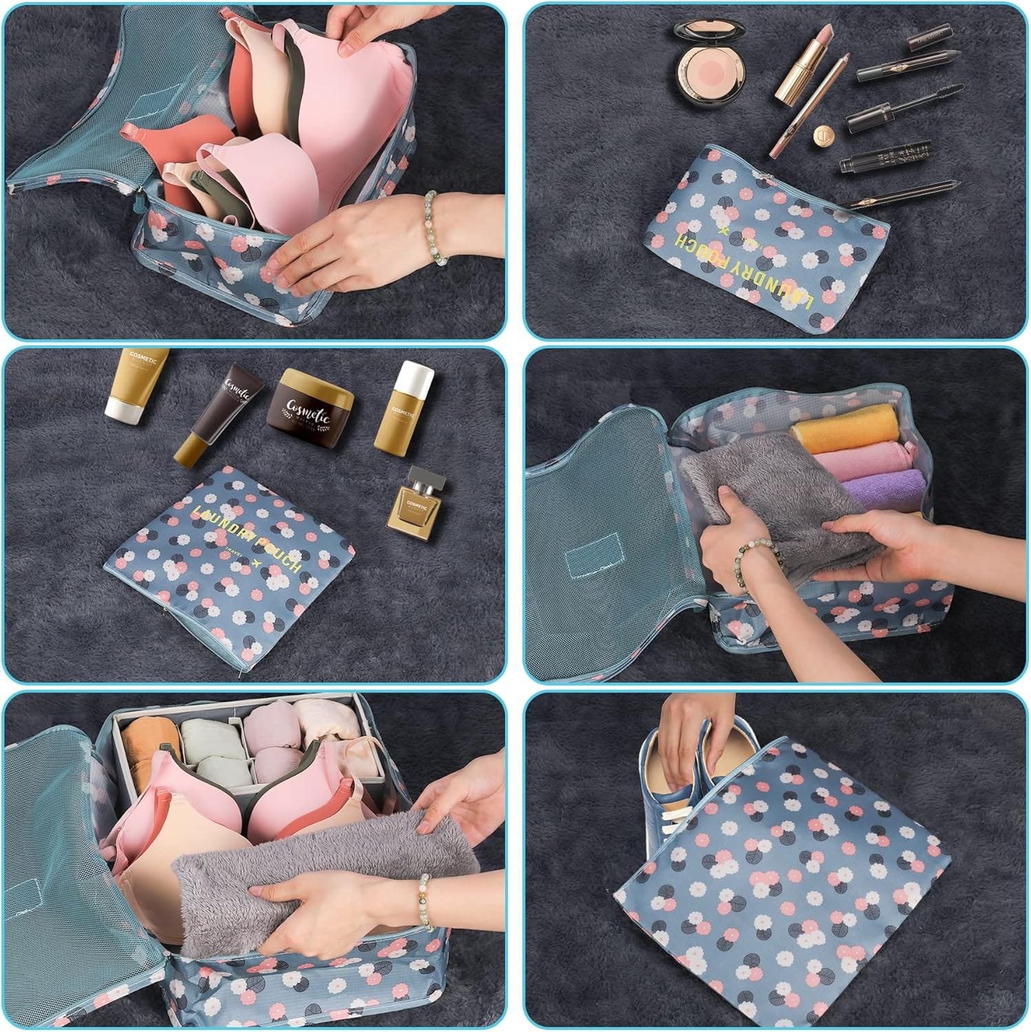 Organizador Maleta Packing Cubes, Coolzon Organizador Equipaje de Viaje Impermeable Cubos Embalaje Bolsa de Zapato, 6 Set, Flores Azules - Imagen 6