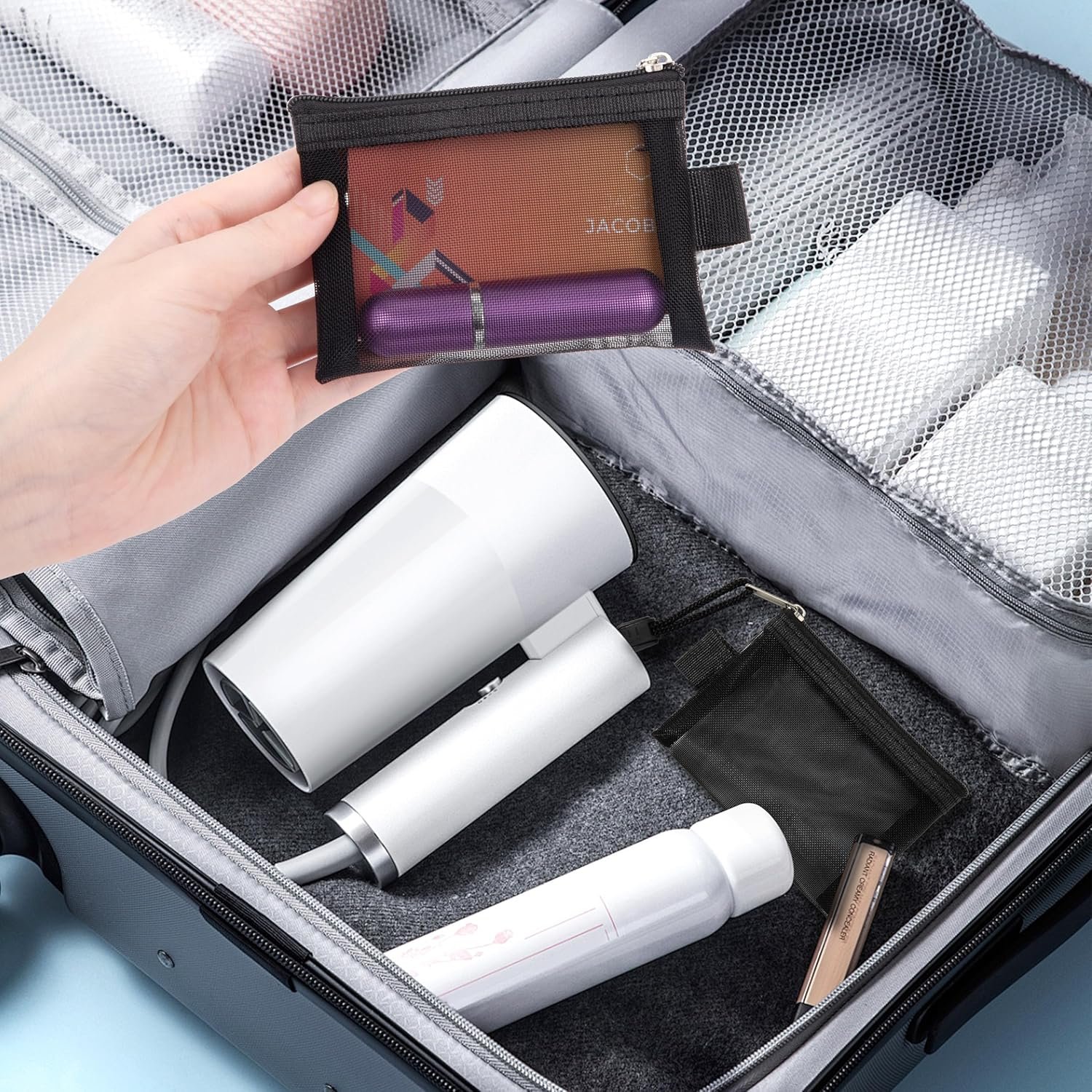 Mini Bolsa de Neceser con Cremallera, Artículos Tocador Cartera Pequeñ Malla Viaje Portátil Monedero, para Tarjetas Cables Maquillaje Accesorios Cosméticos, Negro (8 Piezas) - Imagen 7